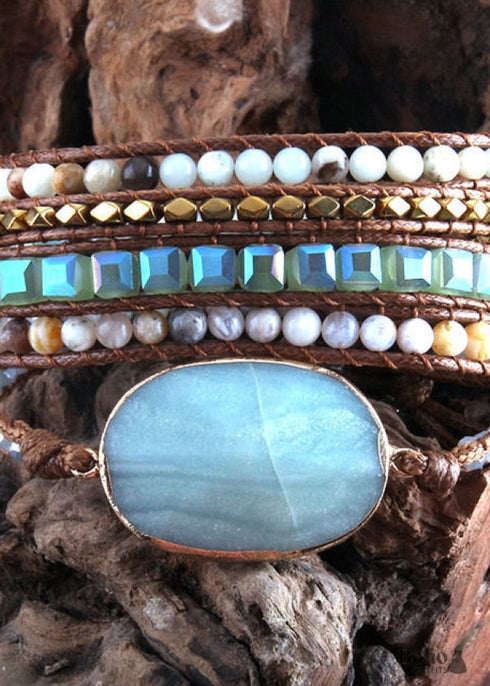 Boho Bracelet, RH 5 Layers Leather Wrap Bracelet, Mixed Natural Stones & Crystal Stone Blue