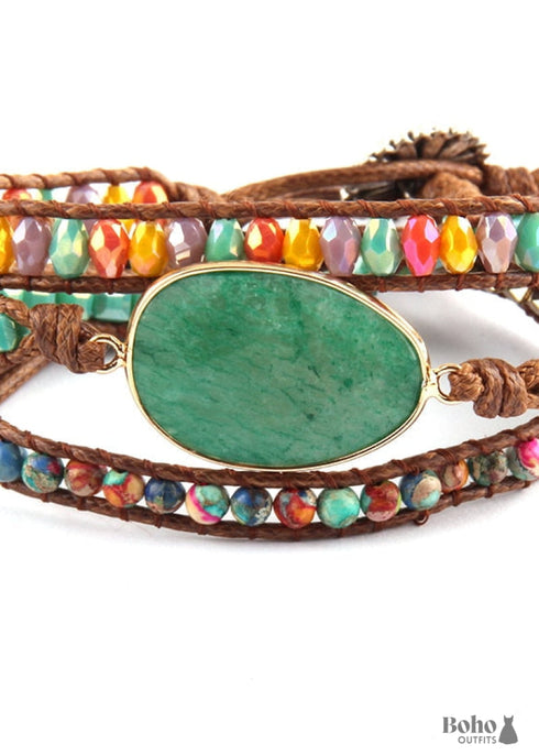 Pulsera Boho, RH, Pulsera de Cuero de 5 Capas, Piedras Naturales Mixtas y Cristal Azul