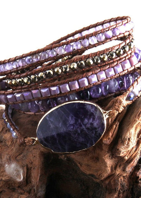 Boho Bracelet, RH 5 Layers Leather Wrap Bracelet, Mixed Natural Stones & Crystal Stone Blue