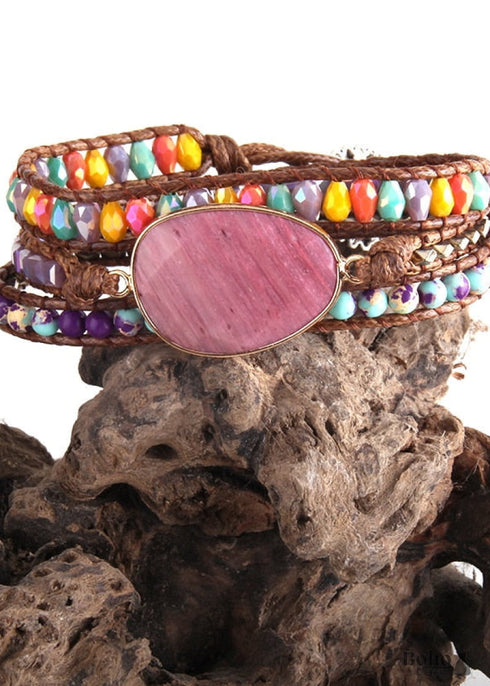 Pulsera Boho, RH, Pulsera de Cuero de 5 Capas, Piedras Naturales Mixtas y Cristal Azul