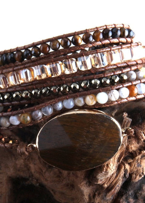 Boho Bracelet, RH 5 Layers Leather Wrap Bracelet, Mixed Natural Stones & Crystal Stone Blue