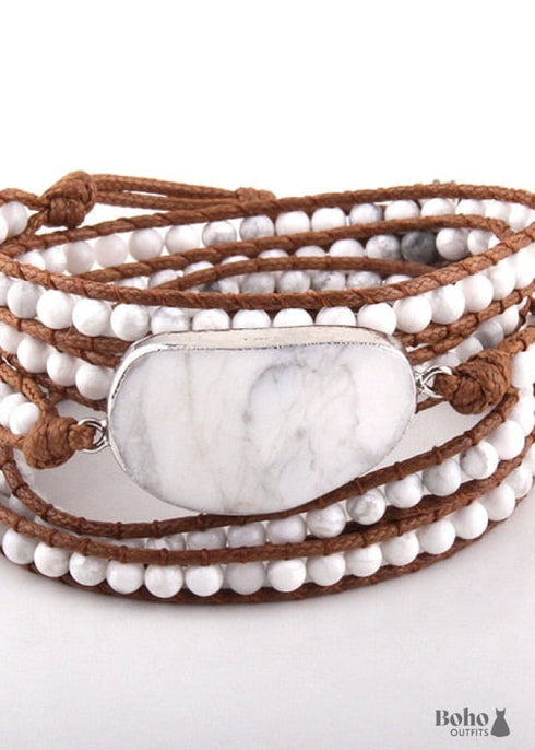 Boho Bracelet, RH 5 Layers Leather Wrap Bracelet, Natural Stones, Blue, White, Brown