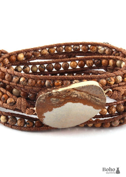 Boho Bracelet, RH 5 Layers Leather Wrap Bracelet, Natural Stones, Blue, White, Brown
