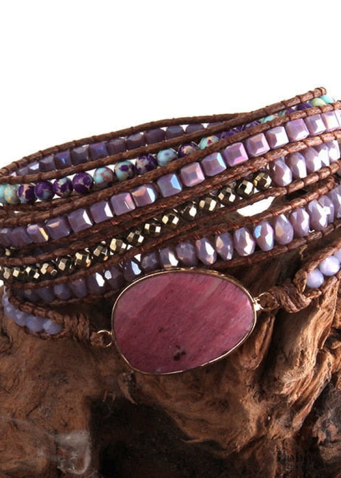 Boho Bracelet, RH 5 Layers Leather Wrap Bracelet, Natural Stones, Green, Rose, Purple