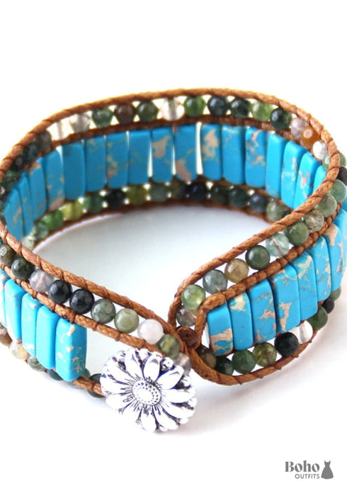 Pulsera Boho, Pulsera de Cuero RH, Loto Azul Rosa