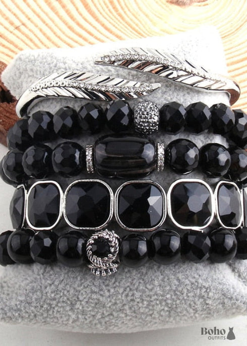 Pulsera Boho, Conjunto de Pulsera RH, Bola de Circonita Cúbica, Bola de Piedras Naturales en Blanco y Negro