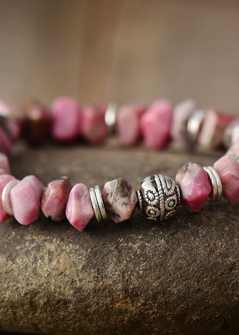 Pulsera Boho, Pulsera Elástica, Rodonita Corazón Rosa