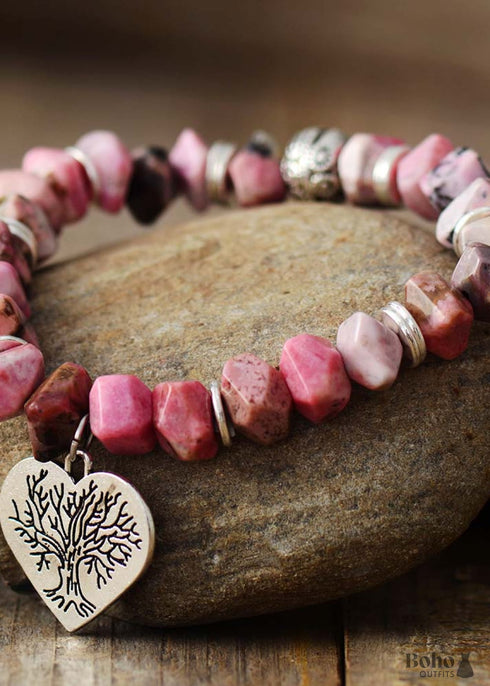 Pulsera Boho, Pulsera Elástica, Rodonita Corazón Rosa