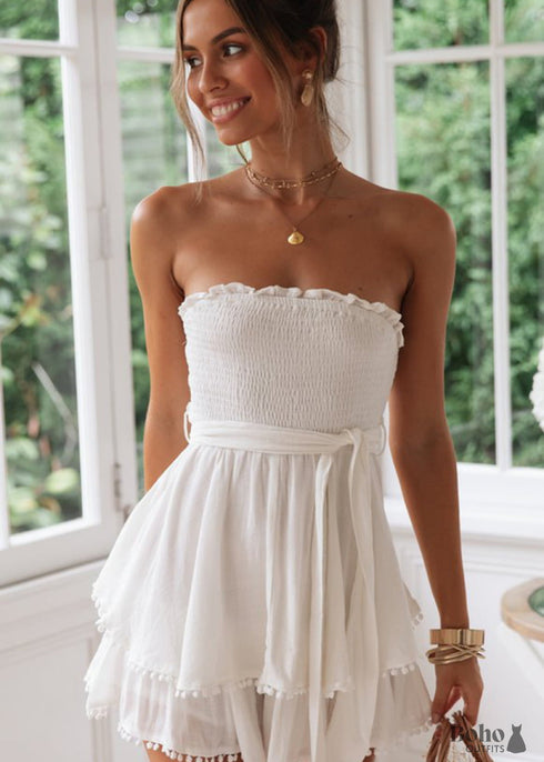 Boho Cotton and Linen Ruffled Tie-neck Dress