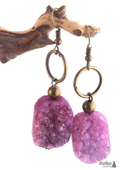 Pendientes bohemios, pendientes colgantes RH, drusa en negro, blanco y morado