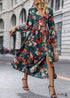 Boho Fall Green Print Long Sleeve Dress