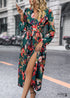 Boho Fall Green Print Long Sleeve Dress