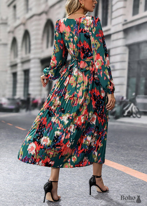 Boho Fall Green Print Long Sleeve Dress