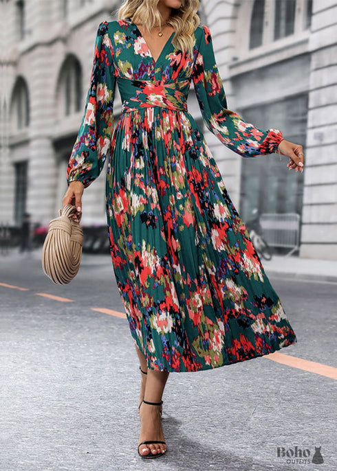 Boho Fall Green Print Long Sleeve Dress