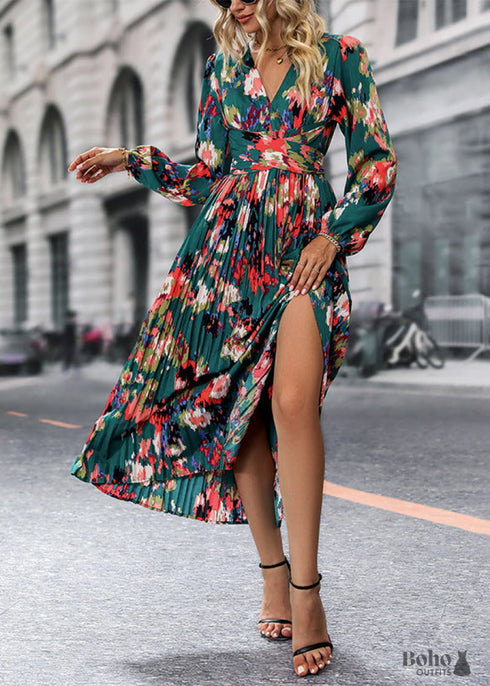 Boho Fall Green Print Long Sleeve Dress