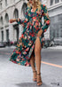 Boho Fall Green Print Long Sleeve Dress
