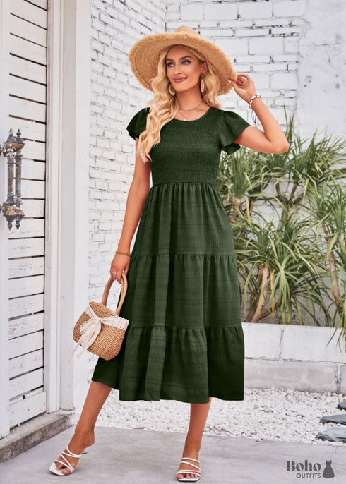 Boho Flying Sleeves Layered Midi Dress Violet