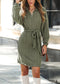 Boho Green Lapel Zipper Long Sleeve Dress
