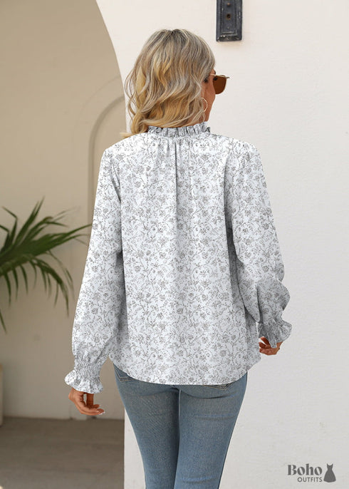 Boho Grey V-neck Tie Print Shirt