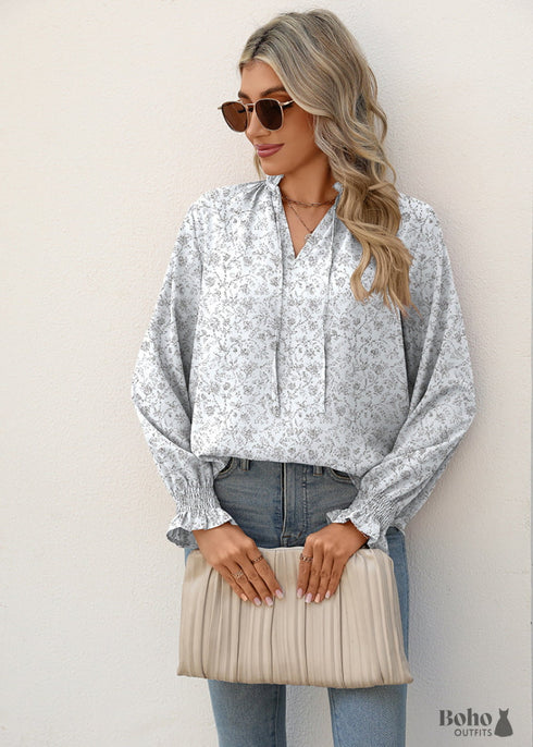 Boho Grey V-neck Tie Print Shirt