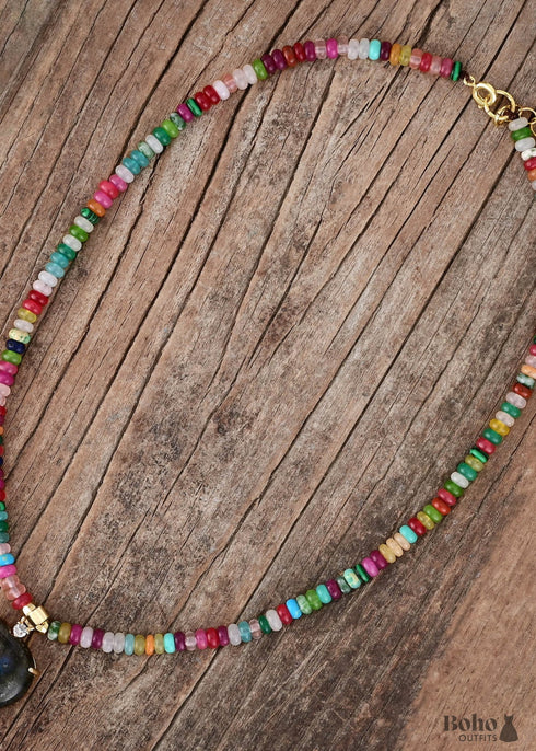 Boho Heart Colorful Glitter Stone Bead Necklace