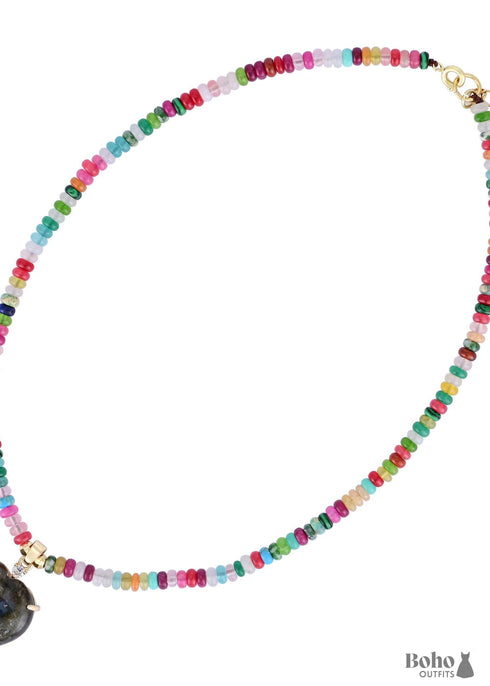 Boho Heart Colorful Glitter Stone Bead Necklace