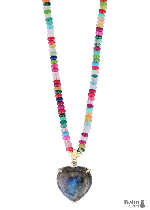Boho Heart Colorful Glitter Stone Bead Necklace