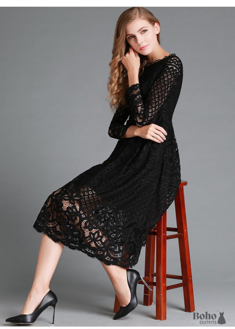 knee length dresses for ladies Scallop Lace Sleeve Midi Dress for Women main image 1