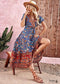 Boho Lace-Up Long V-Neck Print Dress