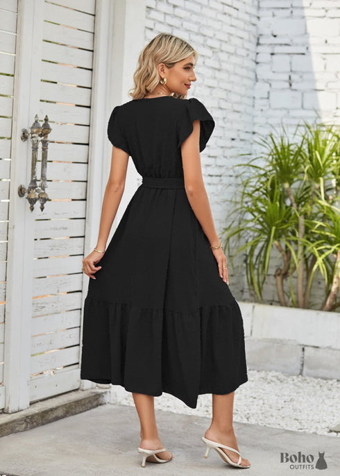 Boho Lace V Neck With Flying Sleeves Midi Dress Mia