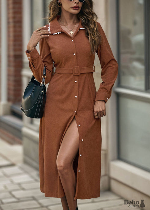 Boho Lapel Long Sleeve Corduroy Dress