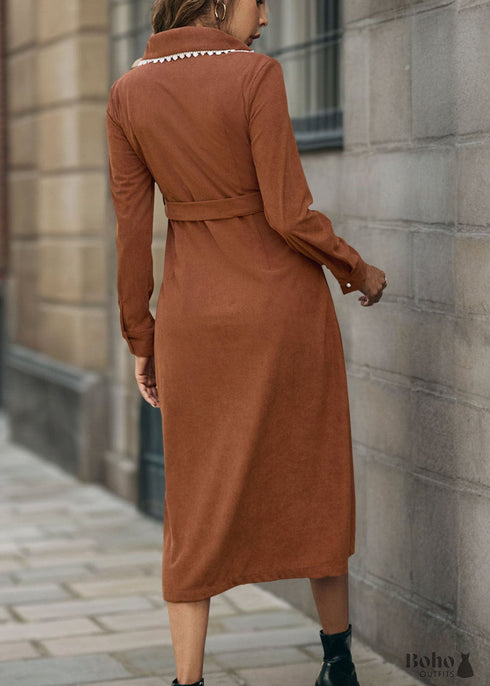 Boho Lapel Long Sleeve Corduroy Dress