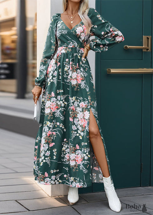 Boho Long Sleeve V-neck Printed Dress