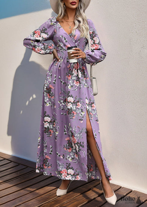 Boho Long Sleeve V-neck Printed Dress