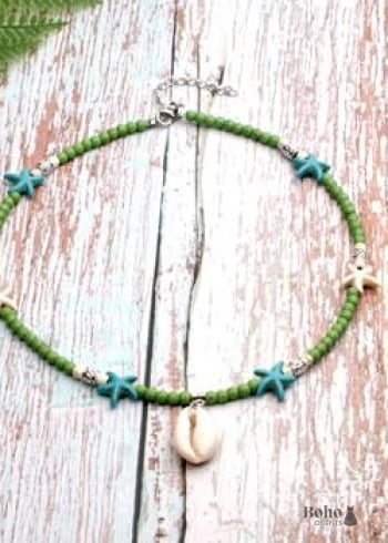 Collar bohemio, concha azul hippie y estrella de mar
