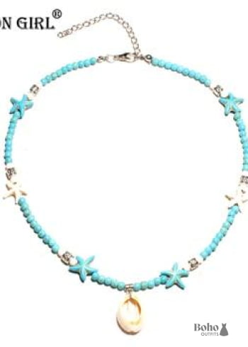 Collar bohemio, concha azul hippie y estrella de mar