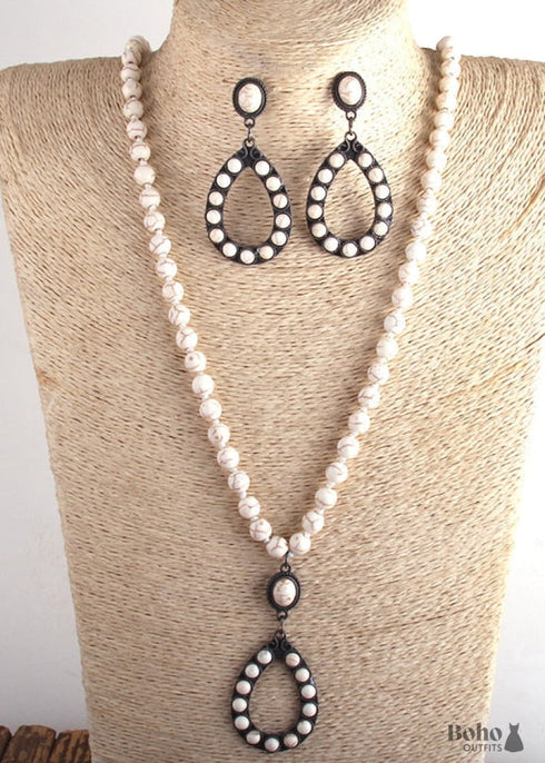 Collar bohemio, conjunto de joyas, piedra natural turquesa blanca y azul RH