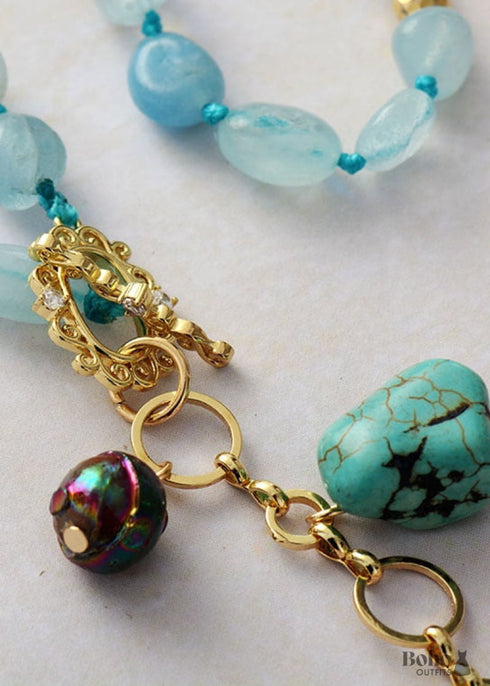 Collar bohemio, collar mala, aguamarina azul, dije de rosa, lazo elegante