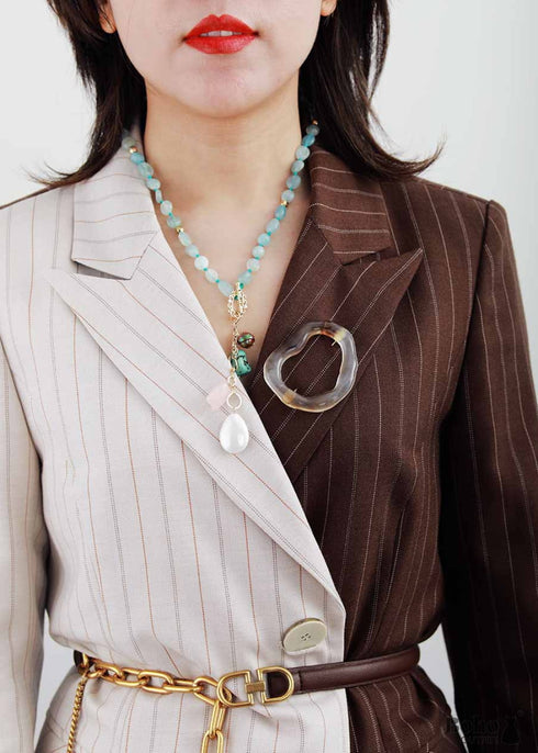 Collar bohemio, collar mala, aguamarina azul, dije de rosa, lazo elegante