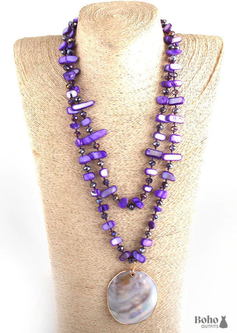 Boho Necklace, RH Big Crystal Shell Purple Necklaces