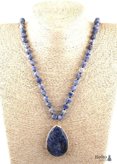 Boho Necklace, RH Rose Quart Amazonite, Oval Blue Pink Natural Stone