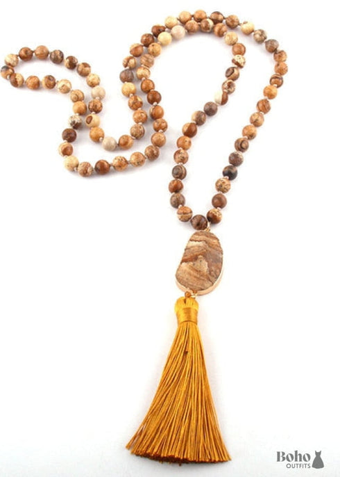 Collar bohemio con amazonita de cuarzo rosa RH y borla ovalada de piedra natural rosa.