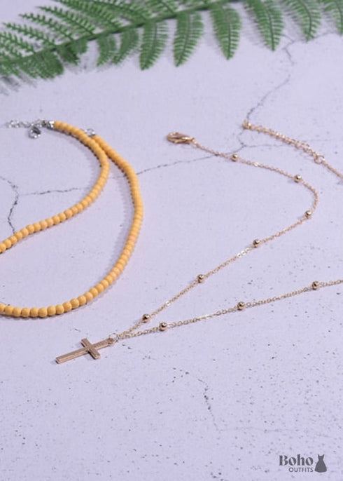Collar bohemio, gargantilla de cuentas de semillas, doble cruz de 2 capas