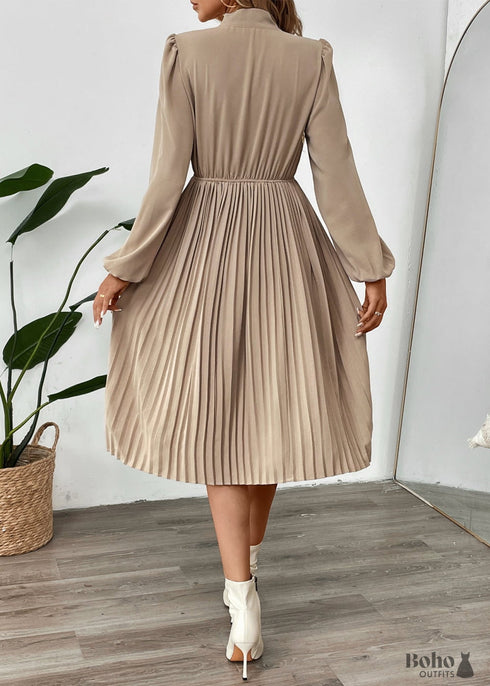 Boho New Bow Tie Solid Color Pleated Dress