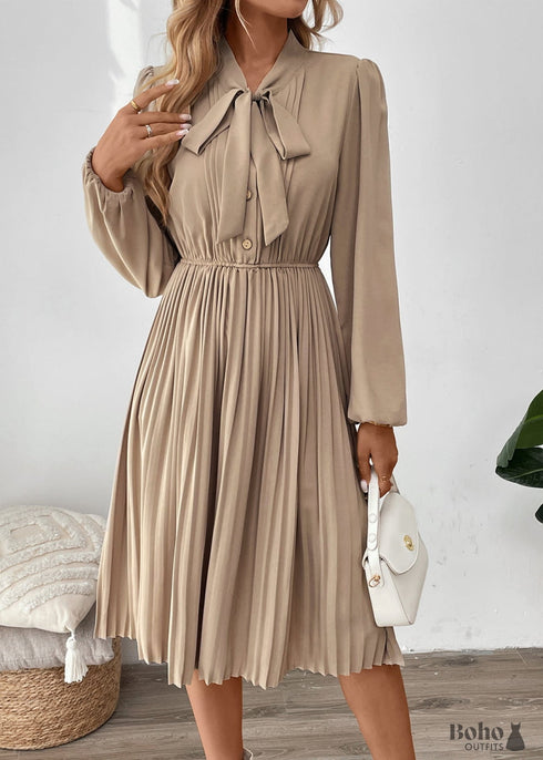 Boho New Bow Tie Solid Color Pleated Dress