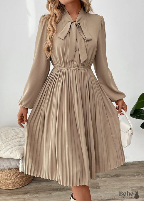 Boho New Bow Tie Solid Color Pleated Dress