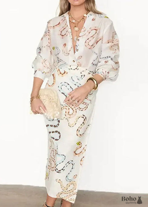 Boho New Printed Shirt Dress Set