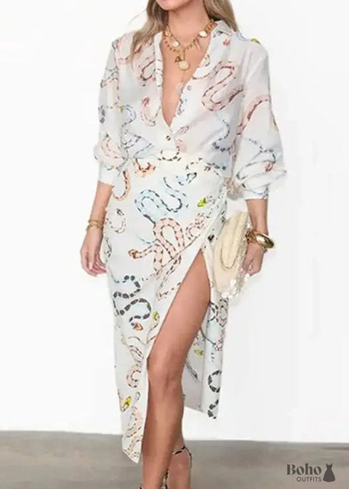 Boho New Printed Shirt Dress Set