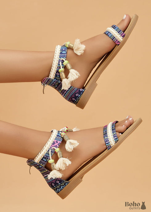 Boho Open Toe Tassel Flat Sandals