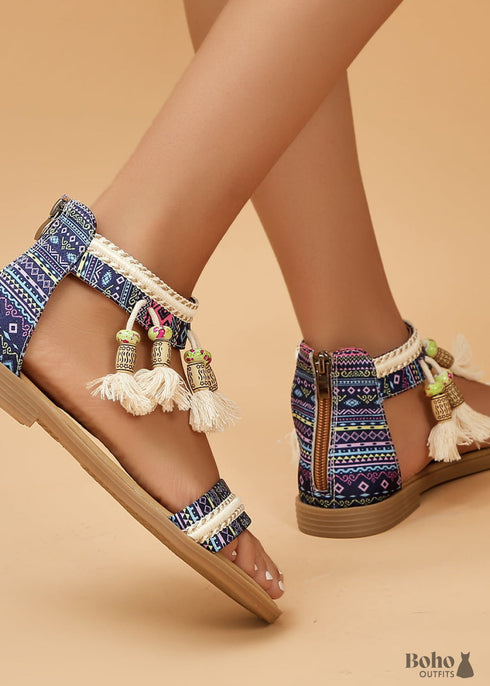 Boho Open Toe Tassel Flat Sandals